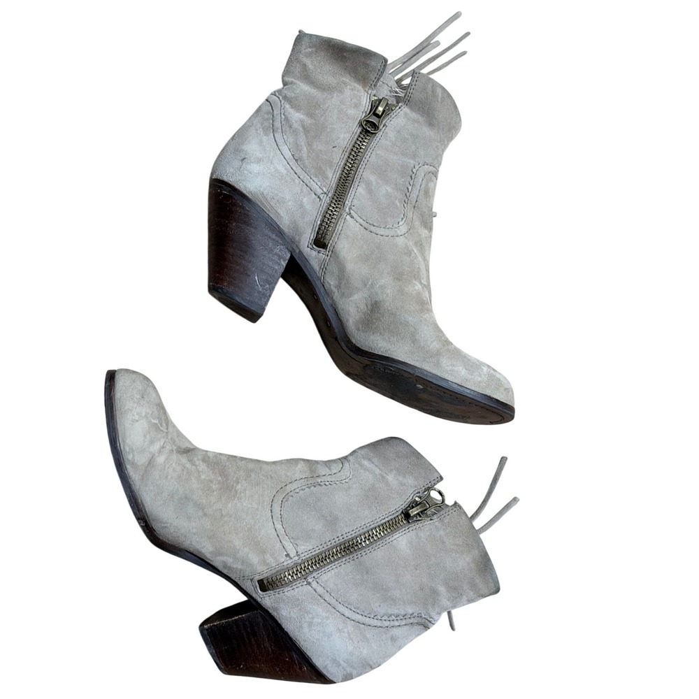 Sam Edelman Grey Suede Fringe Ankle Boots Western Pointed Toe Block Heel Size 10 - Picture 2 of 6
